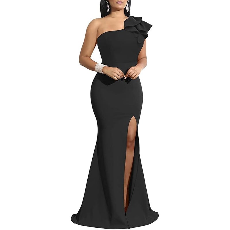 YMDUCH Women's Sexy Sleeveless One Shoulder Ruffle High Split Party Evening Long Formal Dress, Black, Large - Image 1