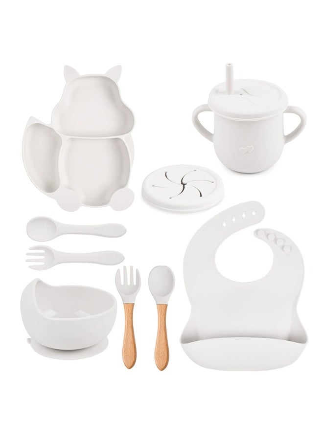 8 Pcs Baby Feeding Set, Food-grade Silicone Baby Tableware Set, Squirrel Baby Cutlery and Plates Set, Non-Slip Infant Dinnerware Set, Baby Self Feeding Utensils