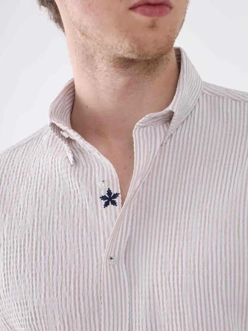 Dufy Beige Men's Slim Fit Button-Up Collar Long Sleeve Shirt