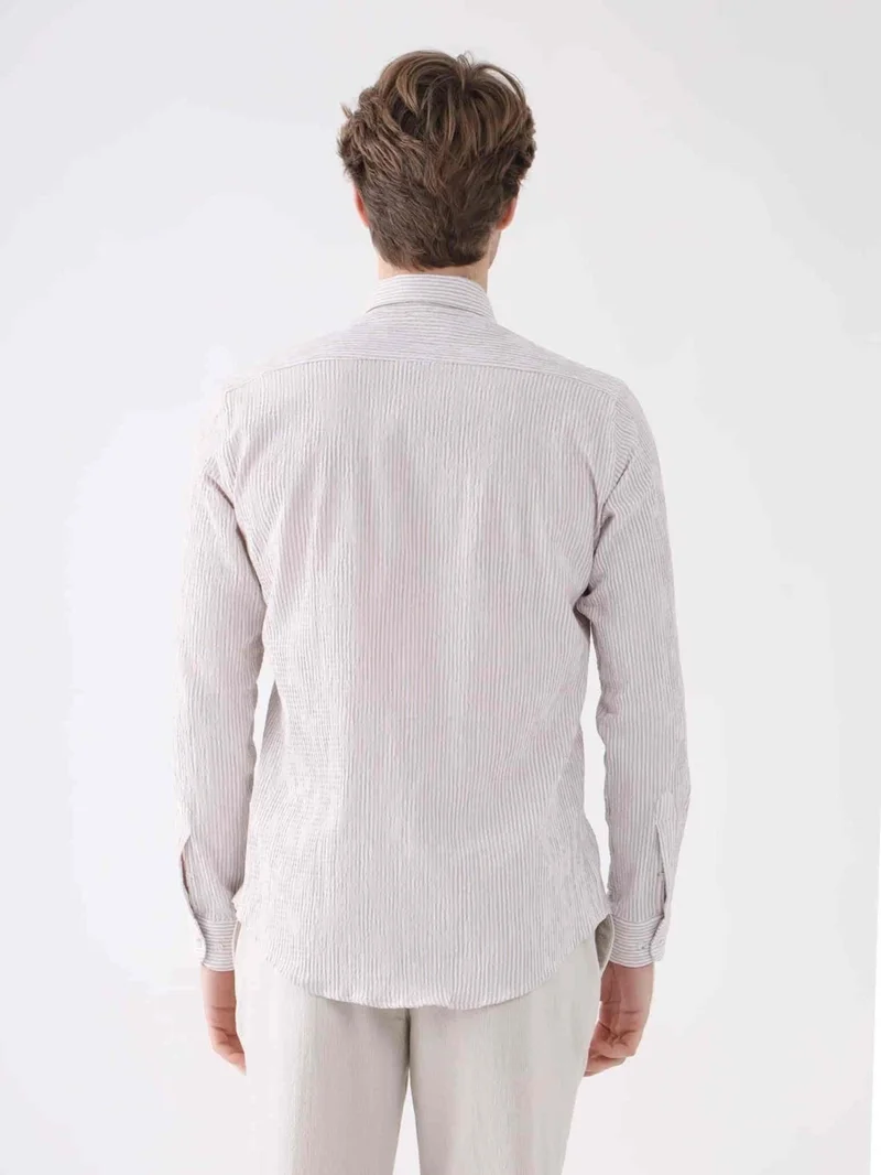 Dufy Beige Men's Slim Fit Button-Up Collar Long Sleeve Shirt
