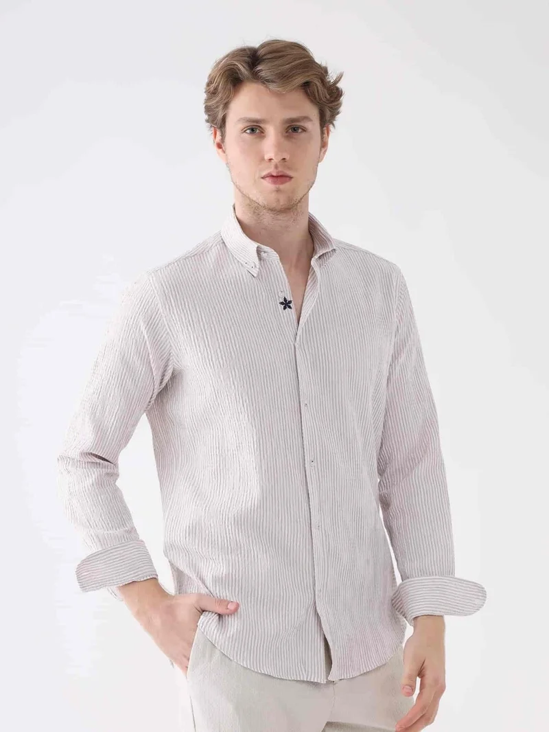 Dufy Beige Men's Slim Fit Button-Up Collar Long Sleeve Shirt