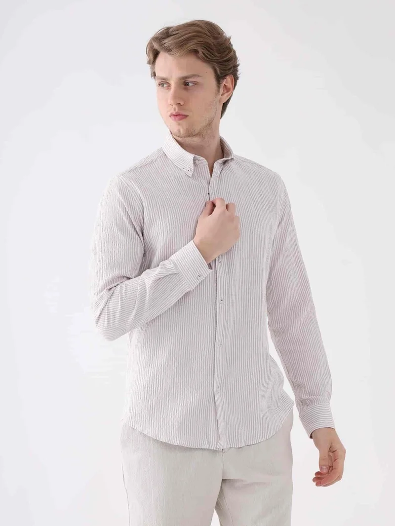 Dufy Beige Men's Slim Fit Button-Up Collar Long Sleeve Shirt