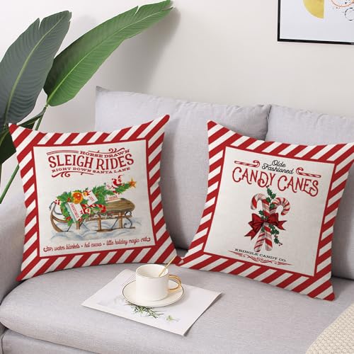 Coeufuedy Christmas Pillow Covers 18x18 Set of 4 Candy Canes Elk Santa Claus Sleigh Rides Winter Holiday Decoration Cushion Case for Sofa Couch Home Decor - Image 3