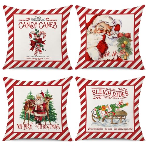 Coeufuedy Christmas Pillow Covers 18x18 Set of 4 Candy Canes Elk Santa Claus Sleigh Rides Winter Holiday Decoration Cushion Case for Sofa Couch Home Decor - Image 1