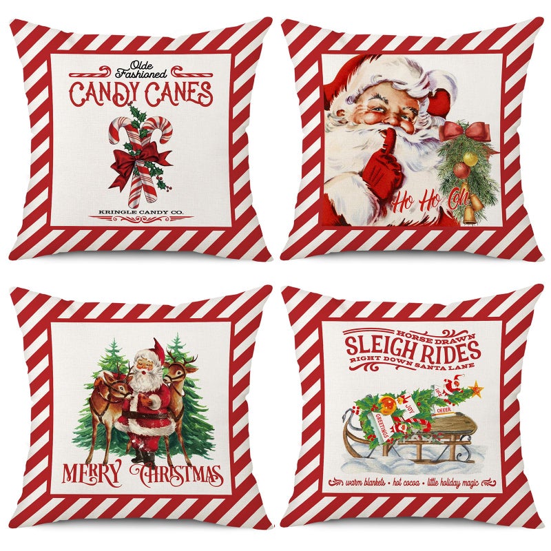 Coeufuedy Christmas Pillow Covers 18x18 Set of 4 Candy Canes Elk Santa Claus Sleigh Rides Winter Holiday Decoration Cushion Case for Sofa Couch Home Decor - Image 2