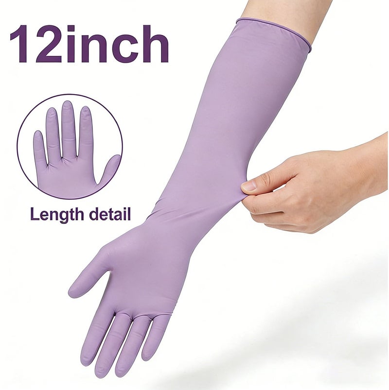 ميون قفازات نتريل للاستخدام مرة واحدة، طويلة جدًا (12 بوصة)، خالية من اللاتكس والبودرة، مقاومة للماء، مناسبة للتنظيف في المطبخ والمنزل والتجميل وتحضير الطعام، لون بنفسجي - Image 1