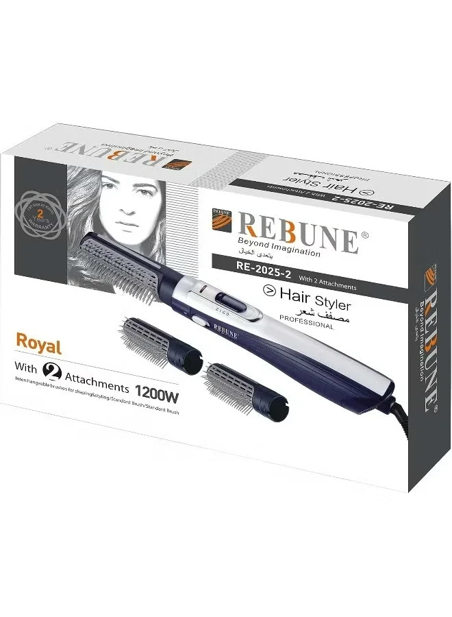 REBUNE Hot Air Brush Hair Dryer 1200W, 2 Brush Attachments, 3 Heat Settings, 360° Swivel Cord, RE-2025-2