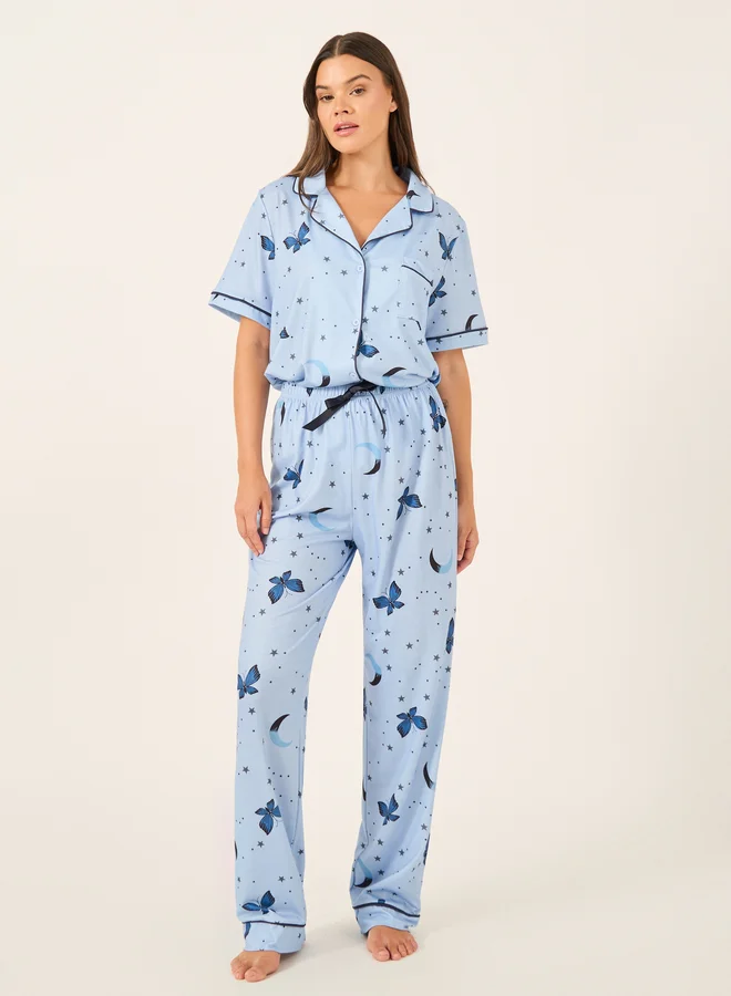 Styli Graphic Print Collared Shirt and Pyjama Set