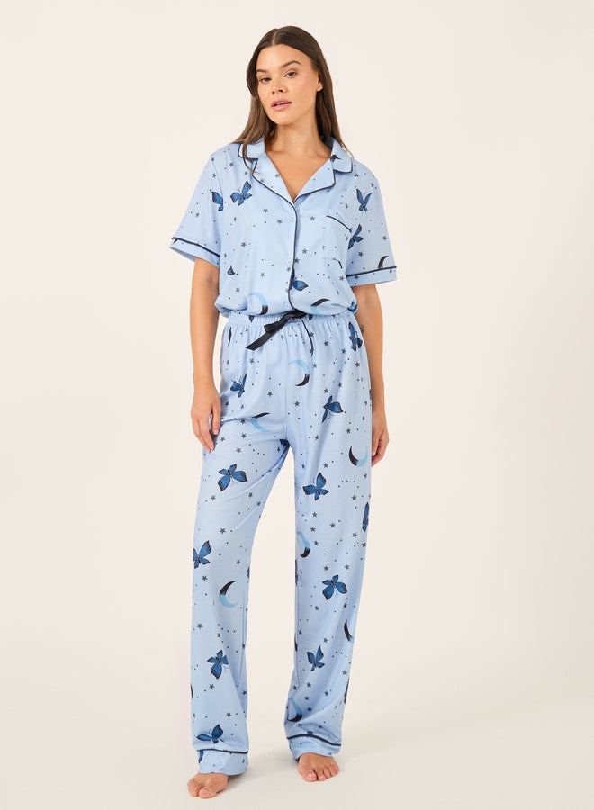 Styli Graphic Print Collared Shirt and Pyjama Set  - Image 3