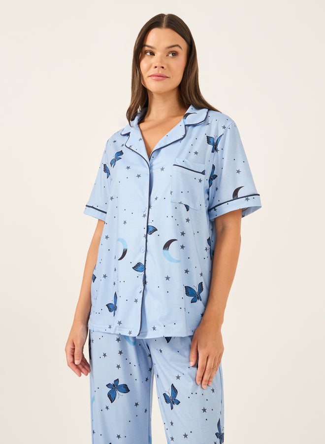 Styli Graphic Print Collared Shirt and Pyjama Set  - Image 4