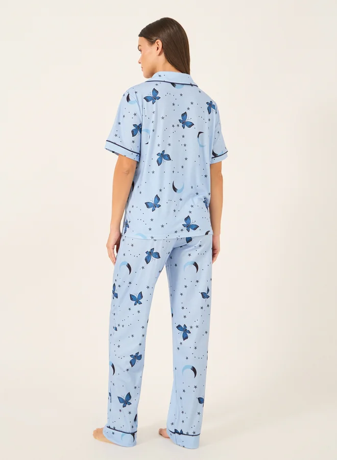 Styli Graphic Print Collared Shirt and Pyjama Set