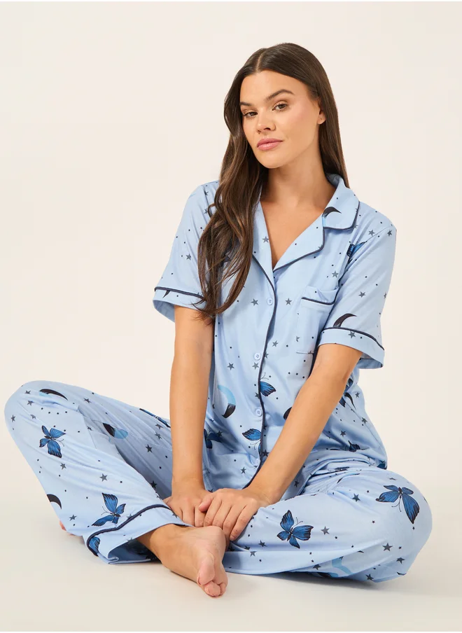 ستايلي Graphic Print Collared Shirt and Pyjama Set