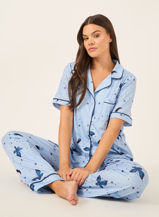 Styli Graphic Print Collared Shirt and Pyjama Set  - Image 1