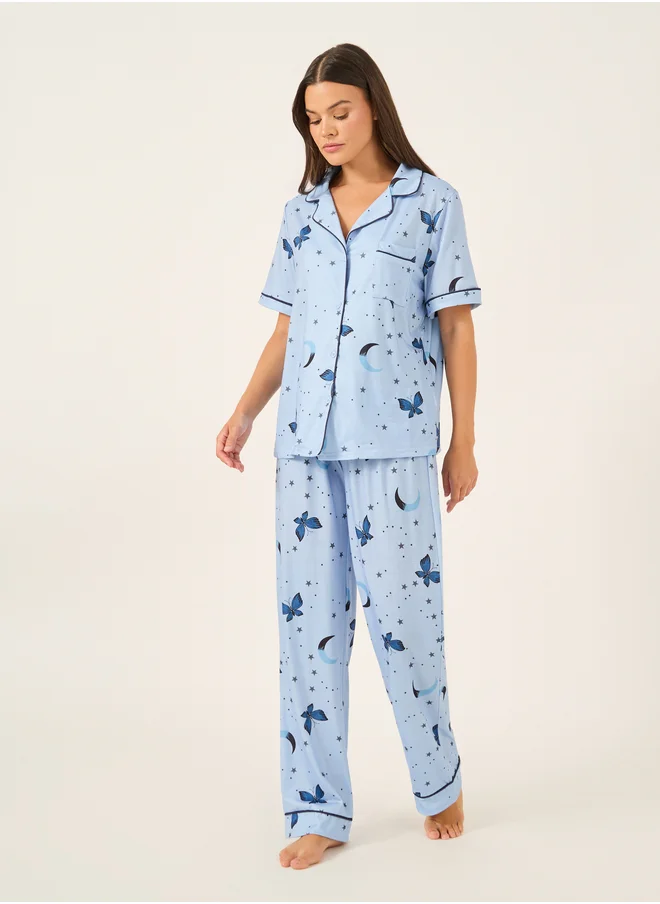 ستايلي Graphic Print Collared Shirt and Pyjama Set