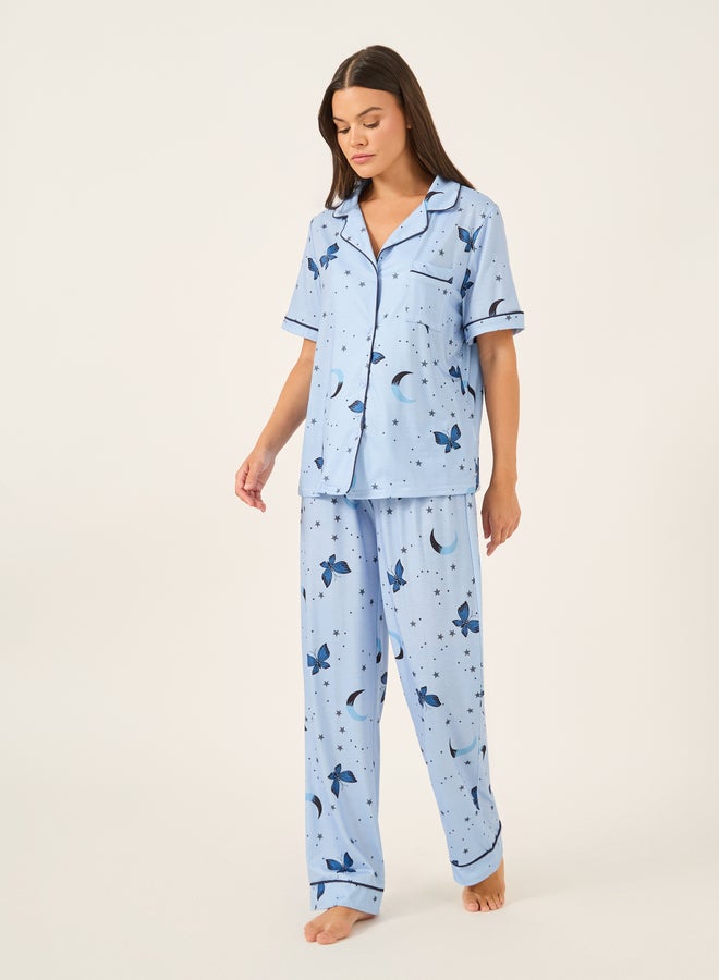 Styli Graphic Print Collared Shirt and Pyjama Set  - Image 2