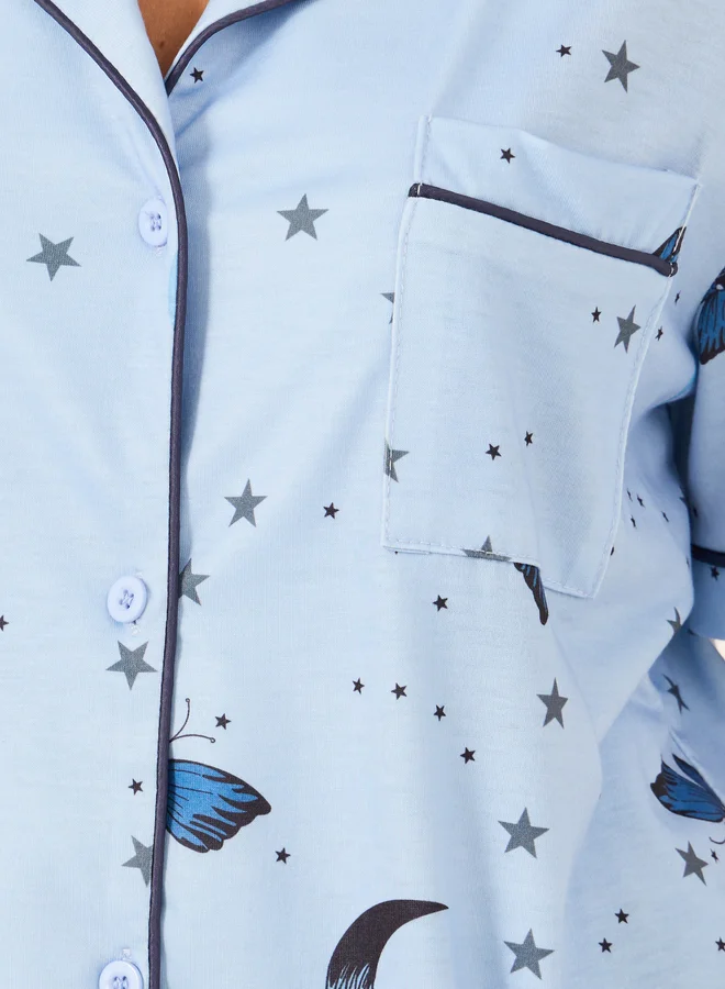 Styli Graphic Print Collared Shirt and Pyjama Set