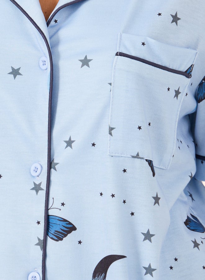 Styli Graphic Print Collared Shirt and Pyjama Set  - Image 5
