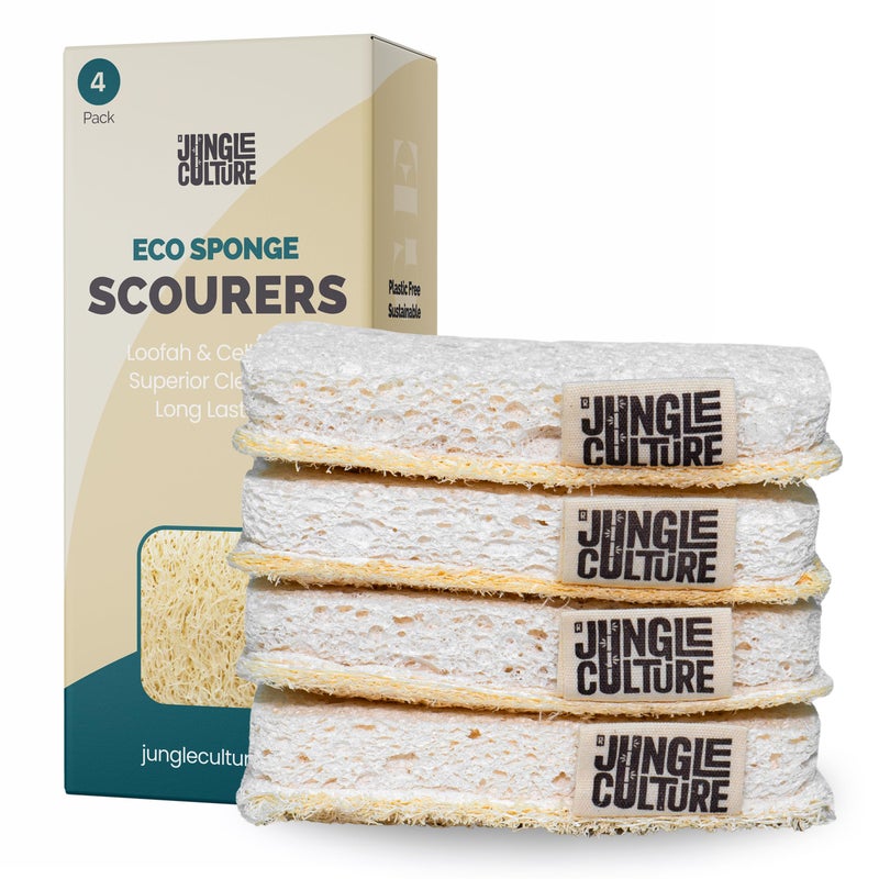 Jungle Culture Eco Sponge Set of 4  Eco Friendly Natural Loofah Dishwashing Sponges  NonScratch Biodegradable  Durable  Double Sided Kitchen Scourer  Compostable  Reusable Washing Up Sponges