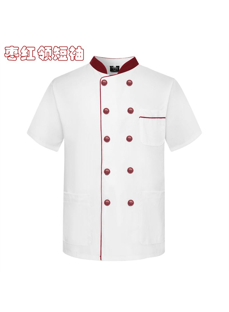 NIBEMINENT Unisex Stand Collar Short Sleeve Chef Uniform Line Decor Double Breasted Pocket Restaurant Bakery Waiter Uniform Cooking Tops  - Image 1
