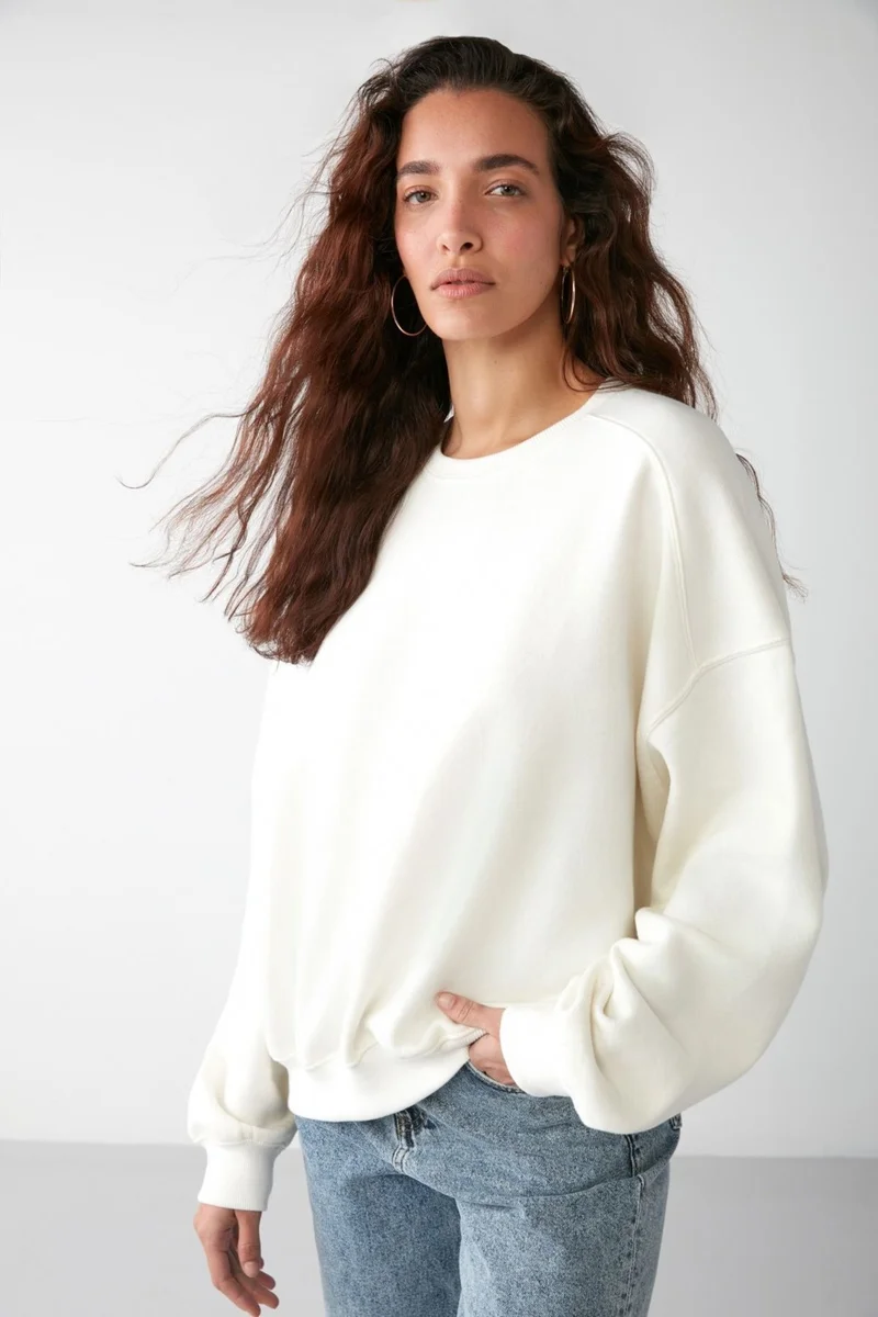 جريميلانج VANELTINA Women's Crew Neck Polar Fleece Oversize Fit Basic Vanilla Sweatshirt