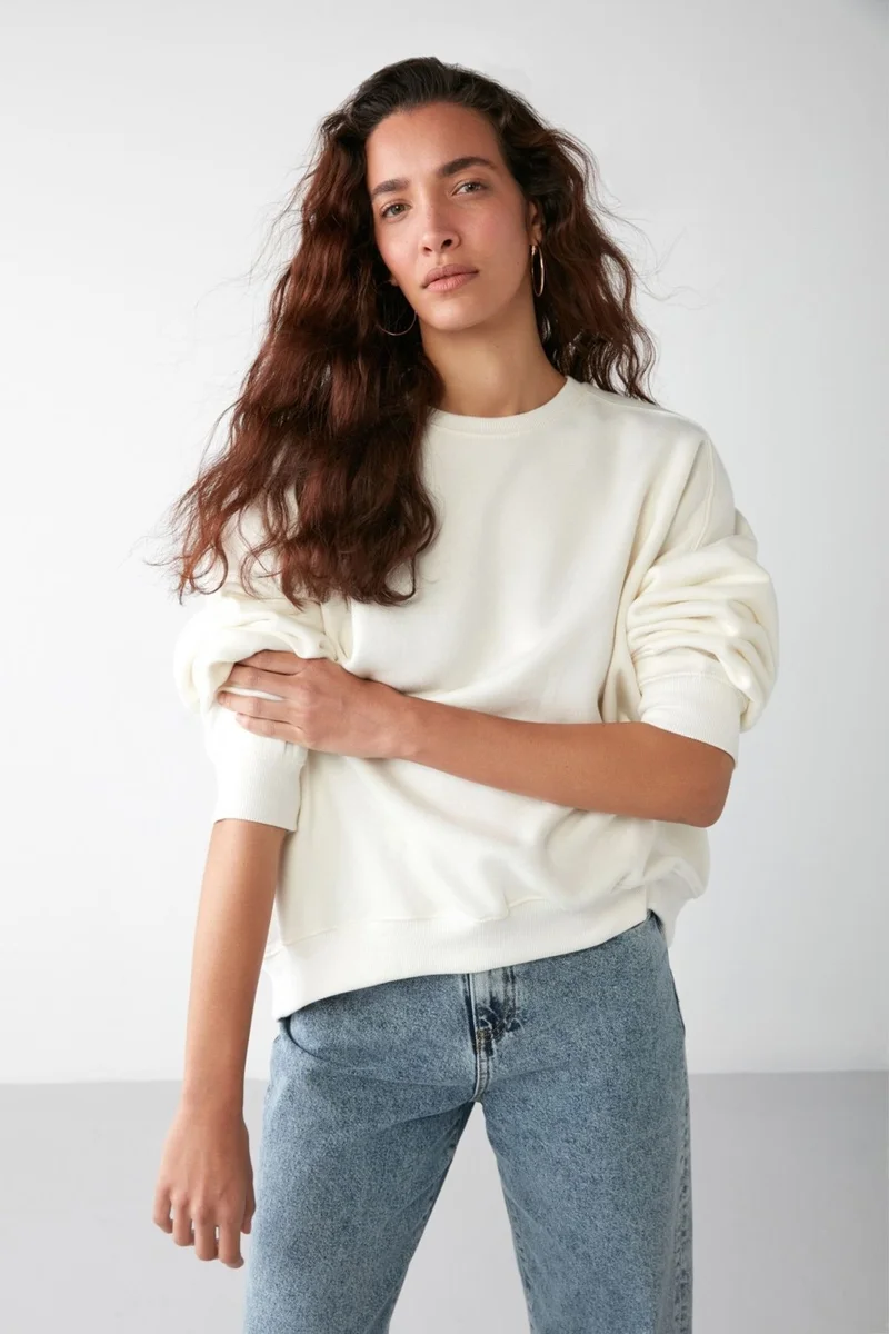 جريميلانج VANELTINA Women's Crew Neck Polar Fleece Oversize Fit Basic Vanilla Sweatshirt