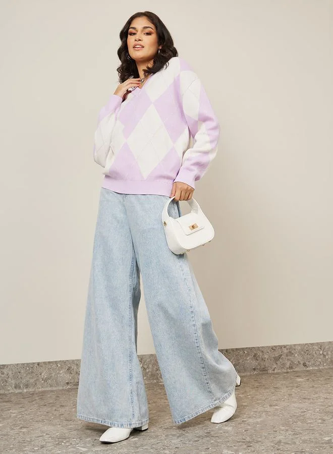 ستايلي Oversized Longline Argyle Pattern Sweater