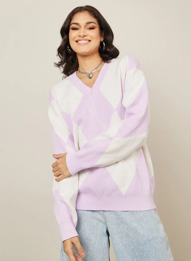 ستايلي Oversized Longline Argyle Pattern Sweater