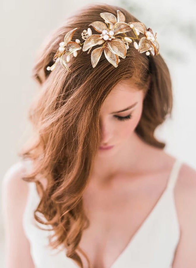 Campsis Flower Hair Vine for Wedding Gold Pearl Bride Headpiece Crystals Bridal Hair Accessories Prom Birthday for Women - Image 3