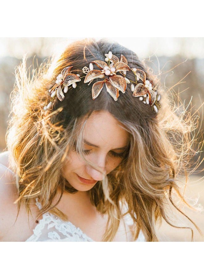 Campsis Flower Hair Vine for Wedding Gold Pearl Bride Headpiece Crystals Bridal Hair Accessories Prom Birthday for Women - Image 2