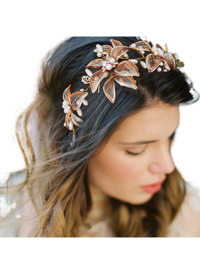 Campsis Flower Hair Vine for Wedding Gold Pearl Bride Headpiece Crystals Bridal Hair Accessories Prom Birthday for Women - Image 1
