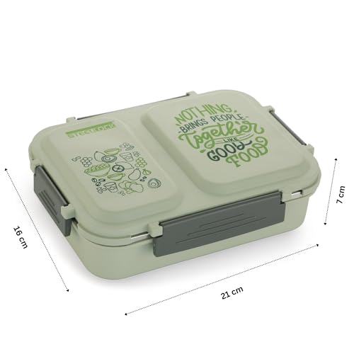 STEELLOCK SmartMeal 2 Partition Stainless Steel Insulated Tiffin for Kids & Adults with Spoon | Leak-Proof Lunch Box with Silicone Gasket Lid | Bento Box for School, Boys, Girls & Office 650 ML - Green. - Image 3