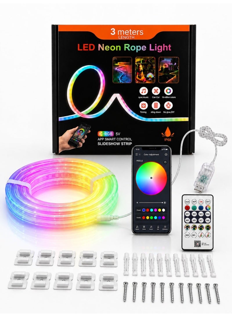 حبل إضاءة نيون LED RGB بطول 3 أمتار، يعمل عبر USB بجهد 5 فولت، سيليكون مرن مع تحكم بتطبيق البلوتوث وريموت 24 زرًا ووحدة تحكم سلكية، مزامنة مع الموسيقى ومؤقت، جسم مقاوم للماء IP68 لخلف التلفزيون وغرفة الألعاب وغرفة النوم والديكور المنزلي - Image 1