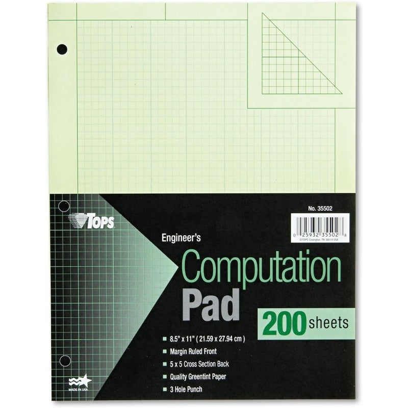 Engineering Computation Pad, 8-1/2" x 11", Glue Top, 5 x 5 Graph Rule on Back, Green Tint Paper, 3-Hole Punched, 35502 - Image 1