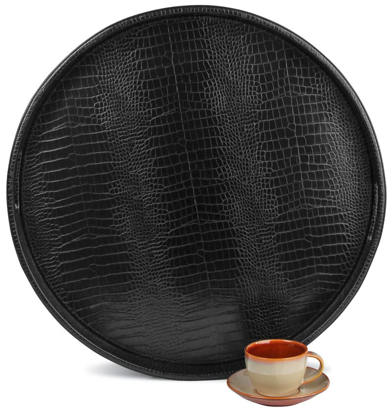 HofferRuffer HofferRuffer Extra Large Round Serving Tray Elegant Faux Leather Circle Ottoman Table Tray with Handles Serve Tea Coffee or Breakfast in Bed Diameter 236 x 24 inches Height Black 