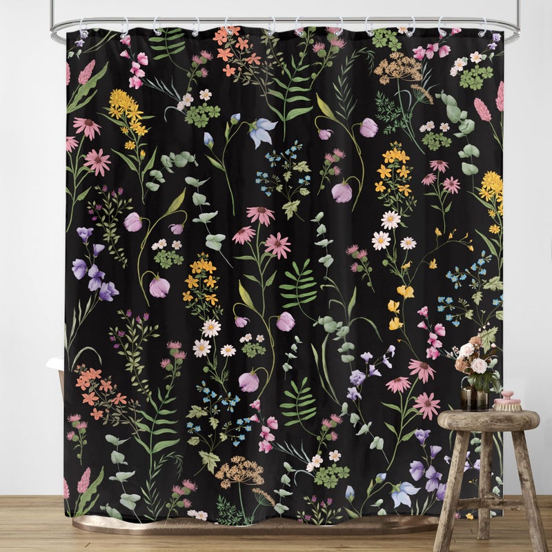 LIGHTINHOME Black Floral Shower Curtain 60Wx72H Inches Cute Dark Wildflower Rustic Flower Blossom Farmhouse Leaves Botanical Cloth Fabric Waterproof Polyester Bathroom Home Decor Set with Hooks - Image 2