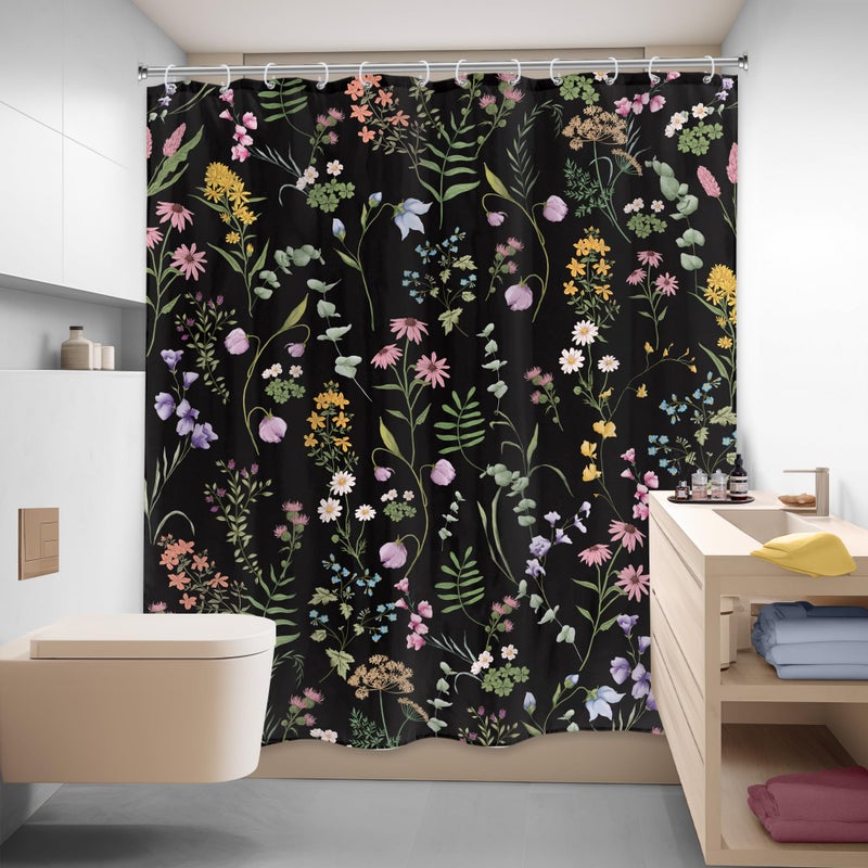 LIGHTINHOME Black Floral Shower Curtain 60Wx72H Inches Cute Dark Wildflower Rustic Flower Blossom Farmhouse Leaves Botanical Cloth Fabric Waterproof Polyester Bathroom Home Decor Set with Hooks - Image 4