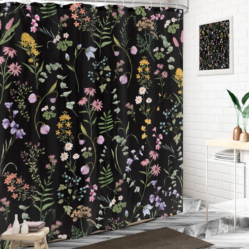 LIGHTINHOME Black Floral Shower Curtain 60Wx72H Inches Cute Dark Wildflower Rustic Flower Blossom Farmhouse Leaves Botanical Cloth Fabric Waterproof Polyester Bathroom Home Decor Set with Hooks - Image 3