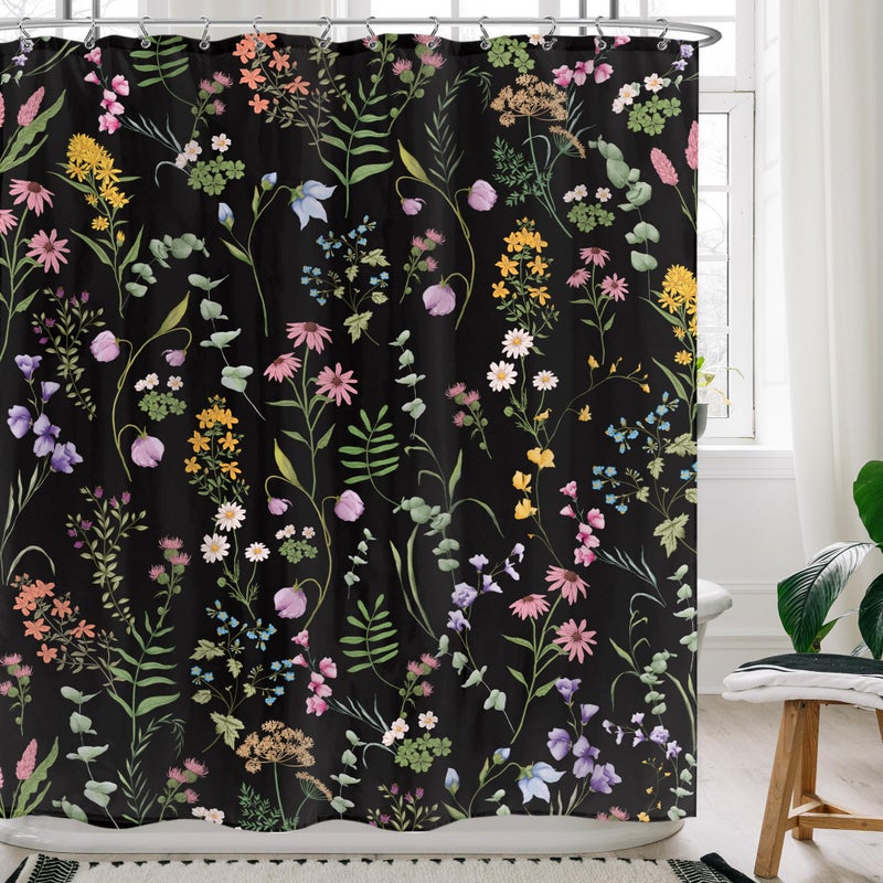 LIGHTINHOME Black Floral Shower Curtain 60Wx72H Inches Cute Dark Wildflower Rustic Flower Blossom Farmhouse Leaves Botanical Cloth Fabric Waterproof Polyester Bathroom Home Decor Set with Hooks - Image 1