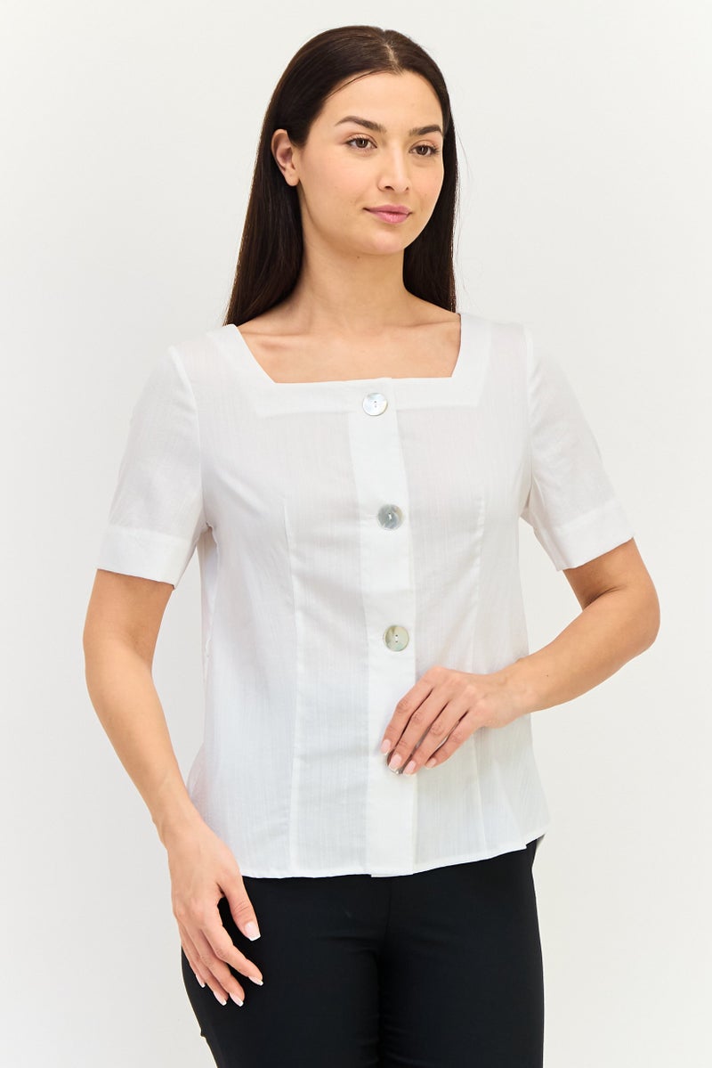 SELECTED Women Square Neck Solid Short Sleeve Top, White - Image 1
