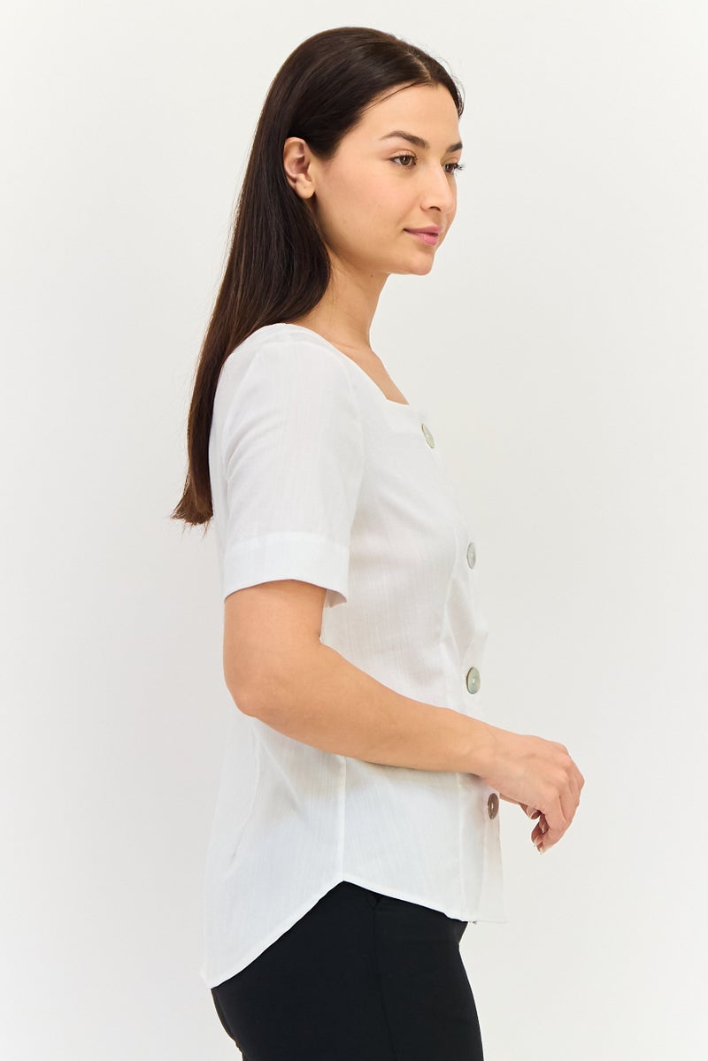 SELECTED Women Square Neck Solid Short Sleeve Top, White - Image 3