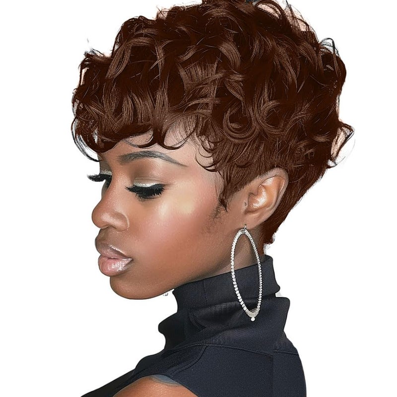 MOONSHOW Short Pixie Wigs for Black Women Auburn Red Short Pixie Cut Wig Synthetic Haircut Wig Natural Wigs for Black Women Auburn Red Curly Wigs for Women