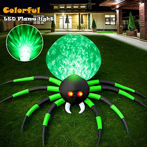 FunFanso 8FT Halloween Inflatables Spider Outdoor Decorations for Yard, Giant Blow up Green Spider with Rotating Fire Flame Light, Large Spooky Spider Props for Halloween Party Garden Lawn House Holiday Decor - Image 2