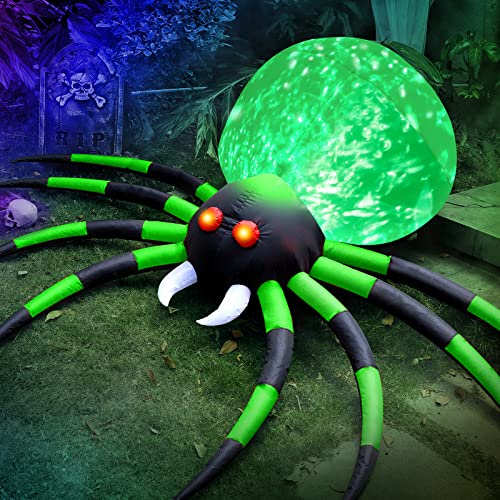 FunFanso 8FT Halloween Inflatables Spider Outdoor Decorations for Yard, Giant Blow up Green Spider with Rotating Fire Flame Light, Large Spooky Spider Props for Halloween Party Garden Lawn House Holiday Decor - Image 1