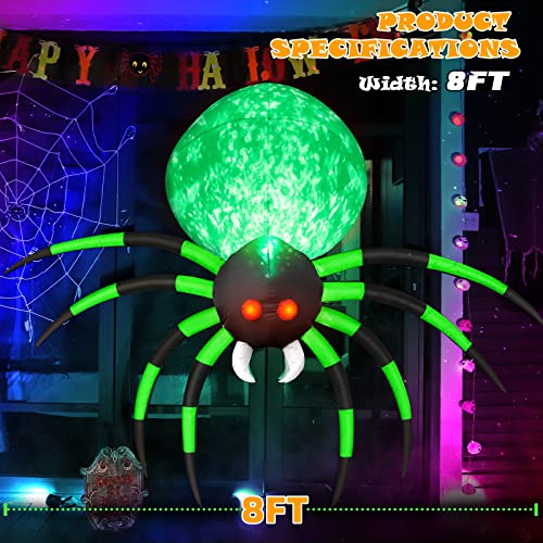 FunFanso 8FT Halloween Inflatables Spider Outdoor Decorations for Yard, Giant Blow up Green Spider with Rotating Fire Flame Light, Large Spooky Spider Props for Halloween Party Garden Lawn House Holiday Decor - Image 4