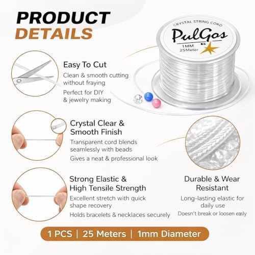 PulGos 𝟐𝟓𝐌-1.0mm Clear Stretchy Elastic Cord |Round Beading Thread for Bracelet, Necklaces DIY Handmade Jewelry Making |Strong & Durable Spool for Crafting Flexible String for Beads & Accessories - Image 2