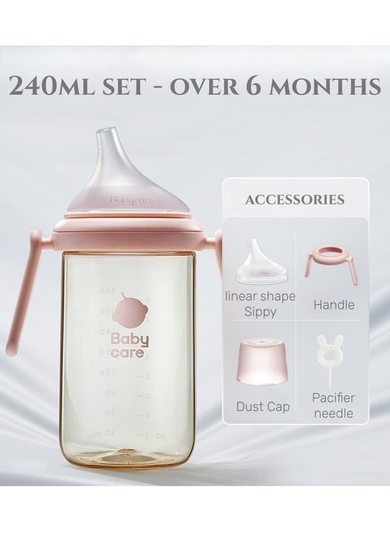 Baby Care Baby feeding Bottle with 13° Incline Nipple Design, Baby Milk Bottle Anti-Colic Learner Cup with Handle, BPA-Free, Easy to Feed, Multi-Use Baby Bottle Pink 240ml - Image 1