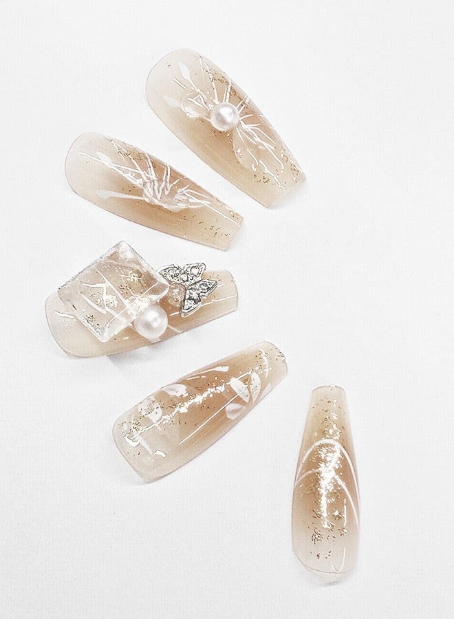 NIBEMINENT 30Pcs Fake Nails, Press Nails In Box,Long-length Flat head shaped Solid Skin Color Shiny Nail Art,Butterfly Zircon Pearl,Fake Nail Patch  - Image 1