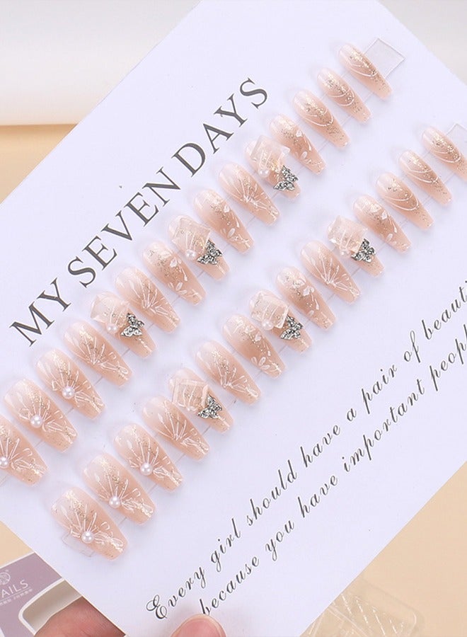 NIBEMINENT 30Pcs Fake Nails, Press Nails In Box,Long-length Flat head shaped Solid Skin Color Shiny Nail Art,Butterfly Zircon Pearl,Fake Nail Patch  - Image 4
