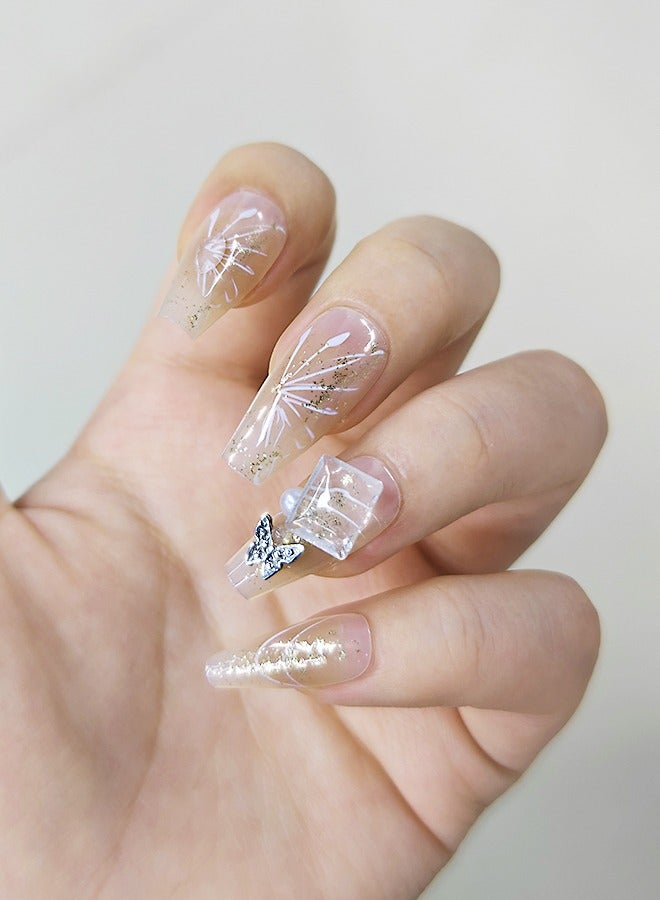 NIBEMINENT 30Pcs Fake Nails, Press Nails In Box,Long-length Flat head shaped Solid Skin Color Shiny Nail Art,Butterfly Zircon Pearl,Fake Nail Patch  - Image 2