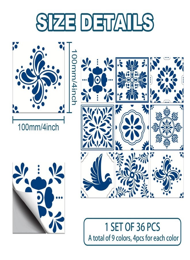 CHGCRAFT 36pcs 9 Styles Mexican Ceramics Blue Tile Stickers Waterproof Tile Stickers Square with Flower Pattern for Kitchen Bathroom Bedroom Wall Floor Decoration, Dodger Blue, 4×4inch - Image 2